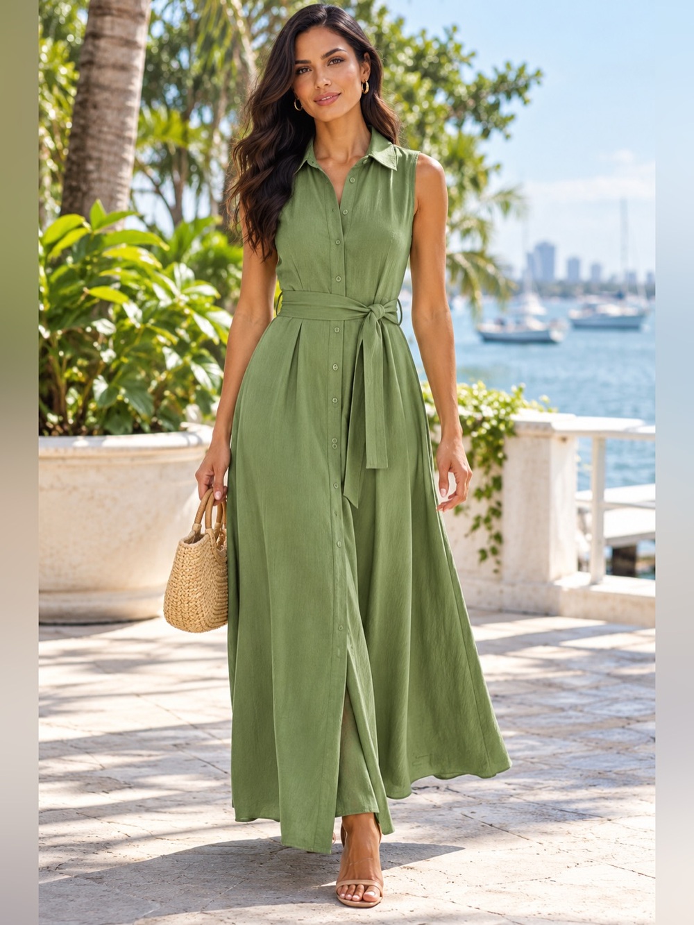 REISS Morgan Green Belted Sleeveless Maxi Shirt Dress US 0 UK 4